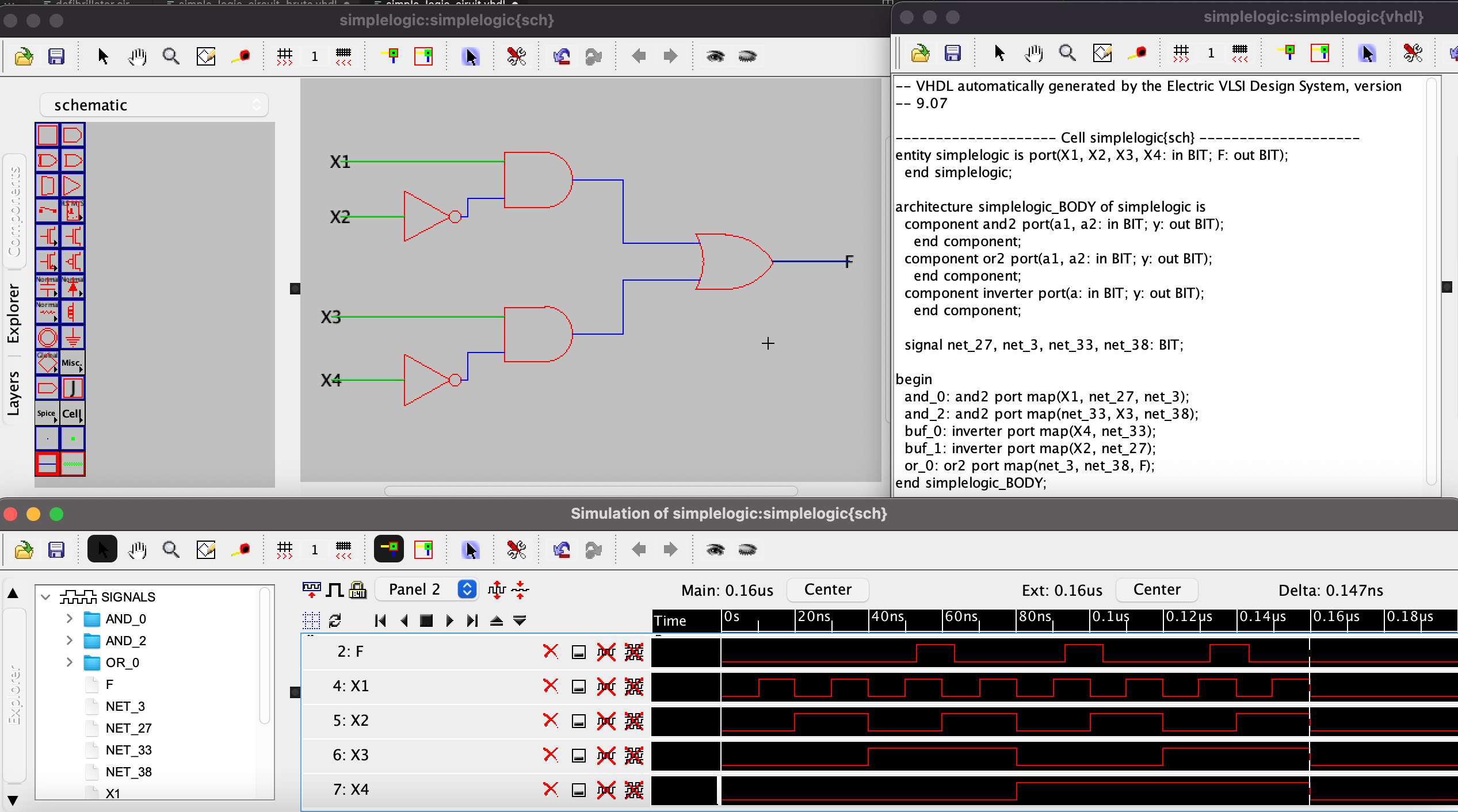 This is the simple logic circuit created in the program Electric (linked to previously). The waveforms for of the circuit are presented here as well for completeness. The VHDL generated by Electric is shown in the upper right corner. It is more "wordy" then the hand written VHDL presented before. This is usually the case with program generated code.  Electric is a program that can be used to learn VHDL by example.