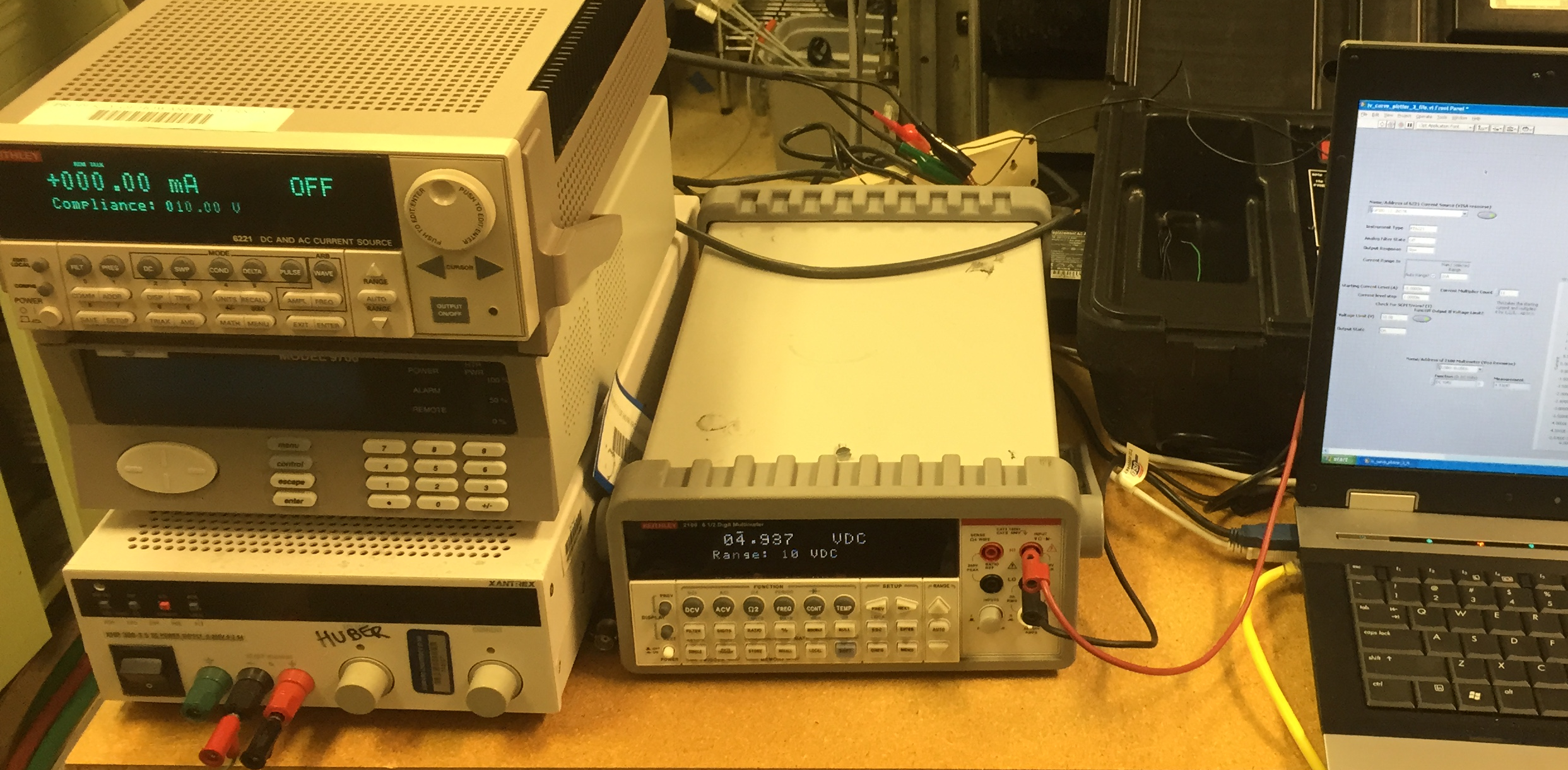 Here is the equipment that the LabVIEW program controlled for the simple Zener diode test. The actual circuit is behind the computer on a breadboard. Note: These instruments are overkill for this type of test as this test was meant to ensure operation, not the actual work.