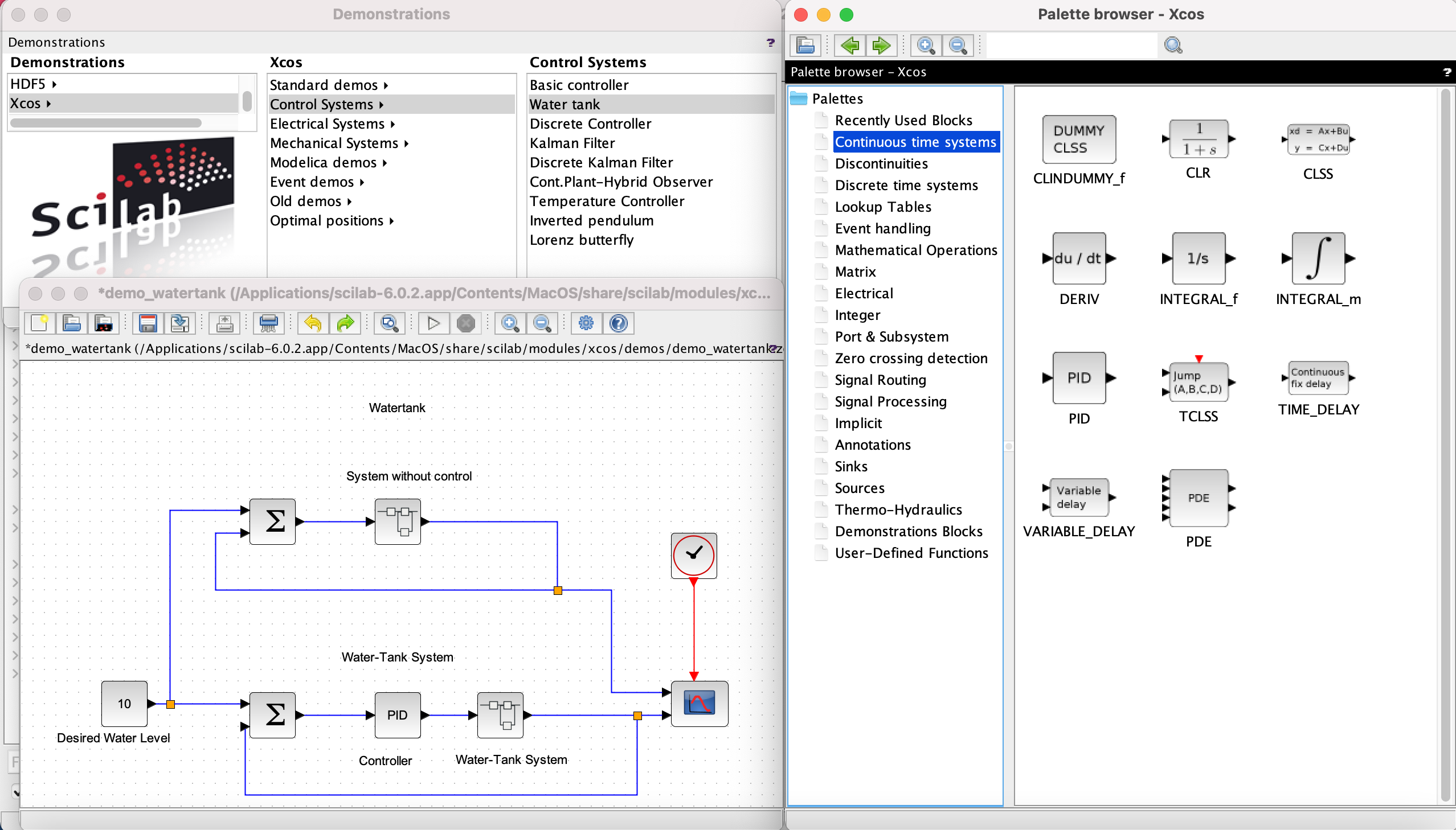 The snapshot above shows one of the demonstrations in Scilab's Xcos. It is a good example of a PID controller. Also in the picture are some of the blocks in Scilab. Of course since this product is open source you can go check this out for yourself.