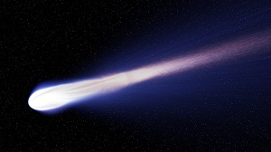 Cometa azul-blanco vuela por el espacio, con una serie de estrellas débilmente visibles en el fondo.