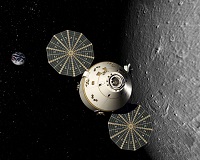 A space capsule flying by the Moon, with the Earth faintly visible far in the background.