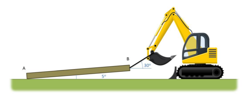 Illustration of a cable with one end attached to an excavator, pulled taut at 30 degrees above the horizontal, and the other end attached to a telephone pole raised at 5 degrees above the horizontal ground.