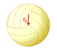 A volleyball with the gravitational force acting on its center of gravity illustrated.