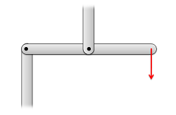 A horizontal beam, which has a downwards force applied at its right end, is connected at its left end to the top end of a vertical beam and at its midpoint to the bottom end of another vertical beam.