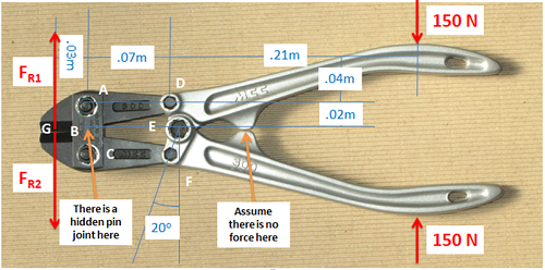 Top-down view of a bolt cutter lying horizontally on a table, facing left. Its jaw adjustment bolts (A top, C bottom) are 0.04 m apart, and point B, midway between them, is the location of a hidden pin joint. Its middle bolts (D top, F bottom) are 0.07 m to the right of B, in line horizontally with A and C respectively. Its central bolt E, slightly to the right of D and F, is located at the intersection of the lines that pass through D and F at 20° from the vertical. The handles have a vertical force of 150 N each acting upon them, at the point 0.21 m right of and 0.04 m above/below point D/F, in the direction that compresses the handles. The reactive forces are depicted as 2 vertical vectors with their tails located at point G, which is 0.03 m left of point B.