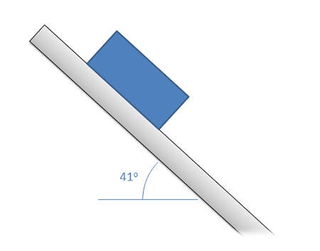 Una caja asentada sobre una viga de acero, cuyo extremo izquierdo ha sido elevado hasta que la viga se inclina a 41 grados por encima de la horizontal.