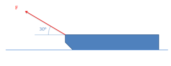 Un trineo mira a la izquierda sobre una superficie plana. Se aplica una fuerza de tracción en la parte delantera del trineo, apuntando hacia la izquierda y hacia arriba a 30 grados por encima de la horizontal.