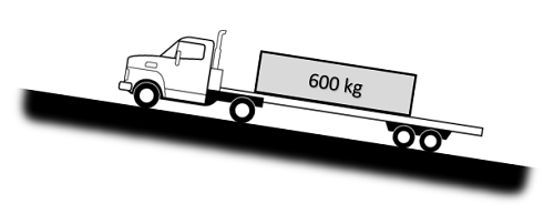 A flatbed truck faces left and uphill on an incline. A 600-kg load sits on the truck bed.