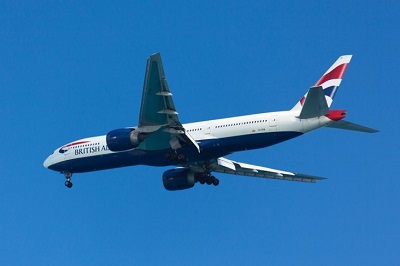A British Airlines plane in flight.