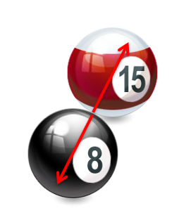 Two billiard balls that have just collided with each other. The force exerted on the first ball by the second is identical in magnitude but opposite in direction to the force exerted on the second ball by the first.