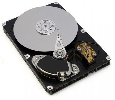 Picture of a hard drive that emphasizes the drive's circular, rotating platter.