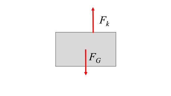 Free body diagram of the mass from Figure 2 above. The mass experiences a downwards force from gravity, balanced by an upwards force from the spring.