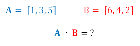 Vector A has x, y, z components [1, 3, 5]. Vector B has x, y, z components [6, 4, 2]. Find their dot product.
