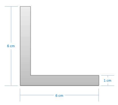 Una forma de L consiste en dos rectángulos de 6 cm por 1 cm. Uno de estos rectángulos es horizontal. El otro rectángulo es vertical con su borde izquierdo coincidente con el borde izquierdo del rectángulo horizontal, y su borde inferior coincidente con el borde inferior del rectángulo horizontal.