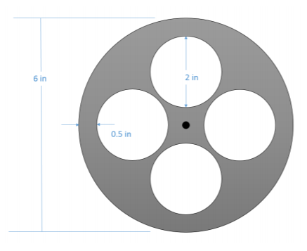 Un disco circular de 6 pulgadas de diámetro contiene 4 orificios circulares perforados en un patrón radialmente simétrico alrededor del punto central. Cada orificio tiene un diámetro de 2 pulgadas, y el punto más externo de cada orificio está a una distancia de 0.5 pulgadas desde el borde del disco.