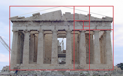 This is a photo of the Parthenon, an ancient Greek temple that was designed with the proportions of the Golden Rule. The entire temple’s front side fits perfectly into a rectangle with those proportions, as do the columns, the level between the columns and the roof, and a portion of the trim below the roof.
