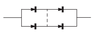 A long, horizontal rectangle of wire connects to one other wire at each of the midpoints of its vertical sides. The top and the bottom sides of the rectangle each pass through connected to two diodes, evenly distanced from each other. All the diodes point in the same direction, and a dotted line connects the midpoints of the top and bottom sides of the rectangle.