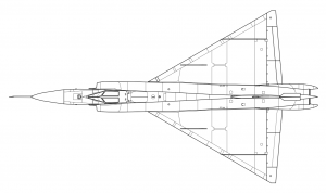Una vista superior del F-102 muestra el estrechamiento del fuselaje en las alas delta ensanchadas hacia la parte trasera de la aeronave.