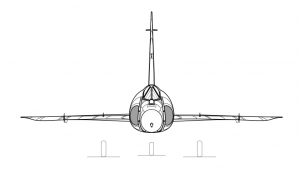 Una vista frontal muestra las alas delta solo ligeramente estrechas de raíz a punta y parecen estar alineadas con el centro del fuselaje.