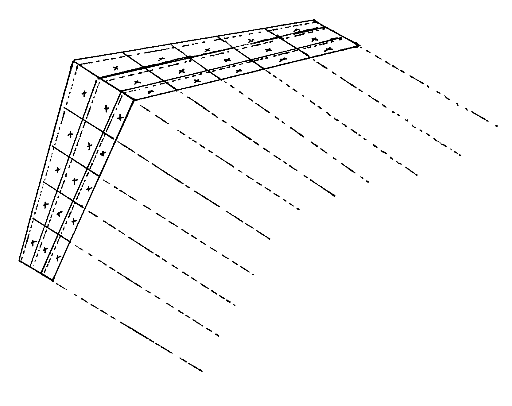 A symmetric swept-wing area is shown with 30 panels divided into 3 lines, with each half of the wing area having 5 panels in each line. Vortex lines trail through the shared edges between each pair of panels.