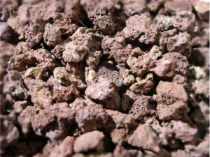 Close-up of chunks of light brown volcanic stone