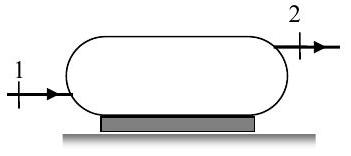 Un tanque de gas de acero tiene una entrada, etiquetada con 1, y una salida, etiquetada con 2.