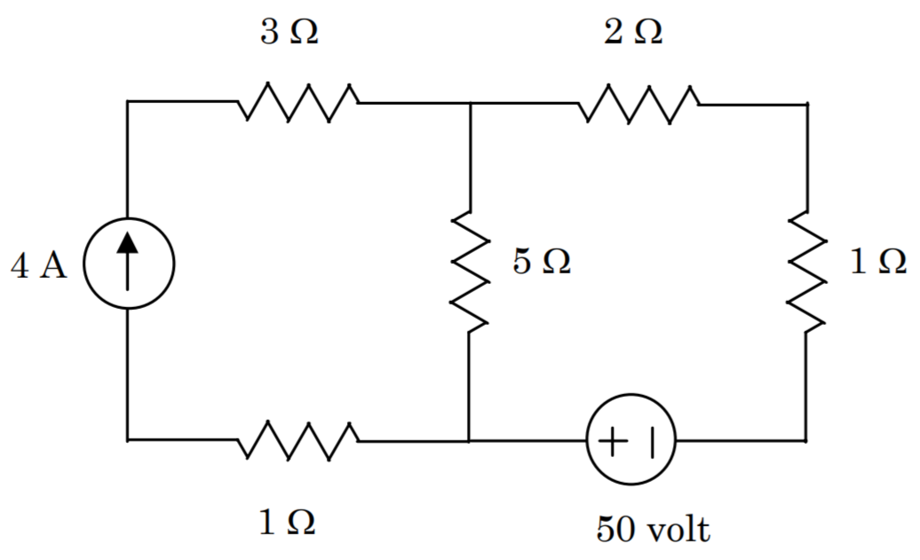 A circuit with two sub-loops, containing a total of 5 resistors and one 50-V battery. A value and direction of current along one of the outer boundaries of the circuit is given.