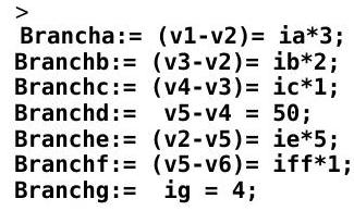 Código para describir la tensión de derivación para cada rama del circuito utilizando relaciones constitutivas, en términos de variables para todos los valores desconocidos.