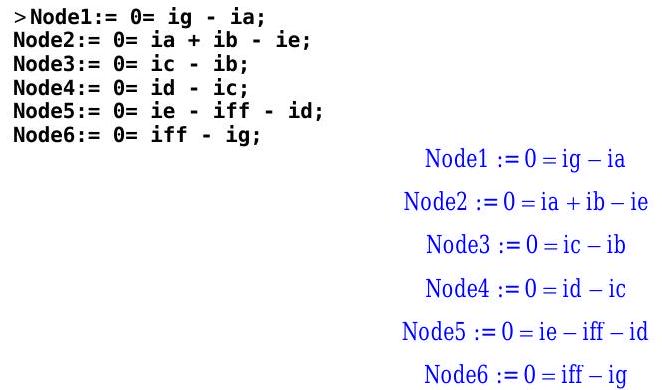 Code to set up equations that relate charge for each node to the various currents in the circuit, using variables.