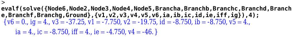 Código para resolver para todos los voltajes de nodo y corrientes de ramificación a partir de las ecuaciones establecidas anteriormente, utilizando las ecuaciones para los nodos 2-6, y los valores numéricos devueltos por el programa para cada una de estas variables.