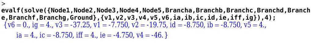 Código para resolver para todos los voltajes de nodo y corrientes de ramificación a partir de las ecuaciones establecidas anteriormente, utilizando las ecuaciones para los nodos 1-5, y los valores numéricos devueltos por el programa para cada una de estas variables.