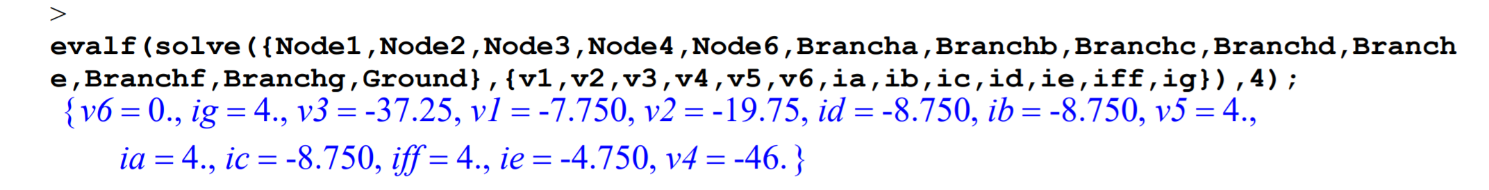 Código para resolver para todos los voltajes de nodo y corrientes de ramificación a partir de las ecuaciones establecidas anteriormente, utilizando las ecuaciones para los nodos 1, 2, 3, 4 y 6, y los valores numéricos devueltos por el programa para cada una de estas variables.