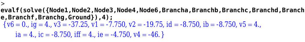 Code from Figure 8 above with the variable list removed, and the numerical solutions returned by the program.