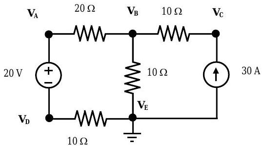 A grounded circuit containing a total of 5 nodes, 6 branches, 4 resistors, and 1 battery. Direction and magnitude of one branch current is given.
