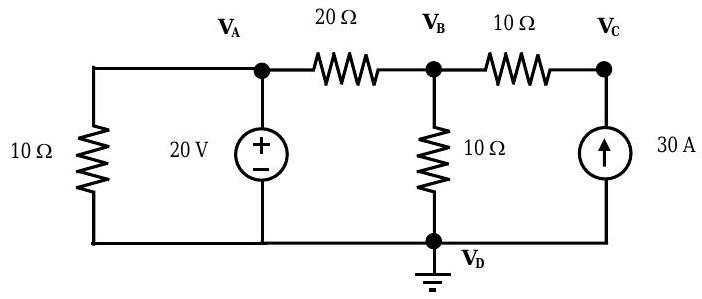 Un circuito conectado a tierra que contiene un total de 5 nodos, 7 ramas, 4 resistencias y 1 batería. Se da la magnitud y dirección de una corriente de rama.
