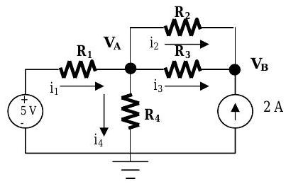 Un circuito conectado a tierra que contiene un total de 3 nodos, 7 ramas, 4 resistencias y 5 baterías. Se da la magnitud y dirección de una corriente de rama.