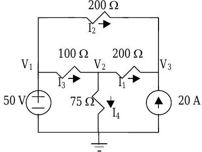 Un circuito conectado a tierra que contiene un total de 4 nodos, 6 ramas, 4 resistencias y 1 batería. Se da dirección y magnitud de una corriente de rama.