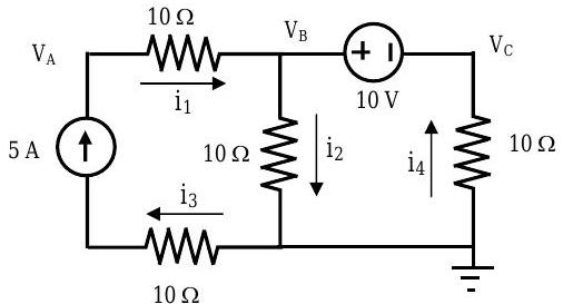 Circuito conectado a tierra que contiene un total de 3 nodos, 4 ramas, 4 resistencias y 1 batería. Se da dirección y magnitud de corriente para una rama.