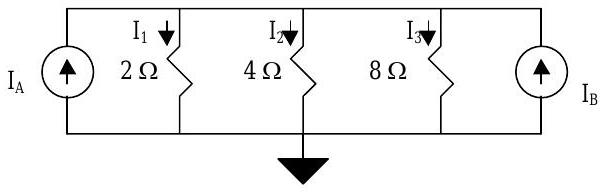 Grounded circuit with a total of 6 nodes, 9 branches, and 3 resistors. Directions and magnitudes of two of the branch currents are provided.