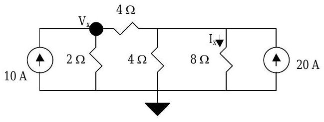 Circuito conectado a tierra que contiene un total de 6 nodos, 9 ramas y 4 resistencias. Se dan magnitudes y direcciones de dos corrientes de ramificación.
