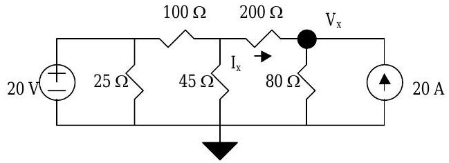 Circuito conectado a tierra con un total de 6 nodos, 6 ramas, 5 resistencias y 1 batería. Se da dirección y magnitud de una corriente de rama.