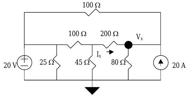 Circuito conectado a tierra con un total de 8 nodos, 12 ramas, 6 resistencias y 1 batería. Se da la magnitud y dirección de una corriente de rama.