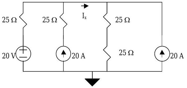 Circuito conectado a tierra con un total de 4 nodos, 6 ramas, 4 resistencias y 1 batería. Se dan magnitudes y direcciones de dos corrientes de ramificación.
