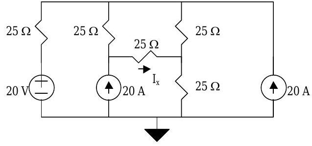 Circuito conectado a tierra con un total de 6 nodos, 8 ramas, 5 resistencias y 1 batería. Se dan magnitudes y direcciones de dos de las corrientes de ramificación.