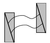 Two collinear points on a rectangle travel curved paths that remain parallel to each other, as the rectangle translates curvilinearly.