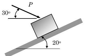 Una inclinación es 20 grados por encima de la horizontal, elevándose hacia la derecha. Un bloque rectangular descansa sobre la inclinación, y se le aplica una fuerza P, dirigida hacia abajo y hacia la derecha a 30 grados por encima del ángulo horizontal.