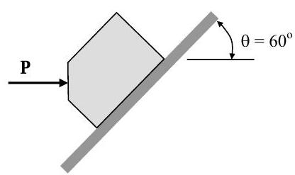 Una inclinación se inclina hacia arriba y hacia la derecha a 60 grados por encima de la horizontal. Un bloque que en su mayoría es rectangular pero que tiene la punta de su esquina superior izquierda quitada descansa sobre el bloque. Una fuerza horizontal P dirigida a la derecha se aplica al bloque en esta cara aplanada.
