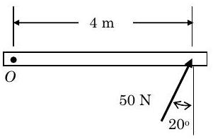 A horizontal 4-meter-long bar has point O at its left end. A force of 50 N directed upwards and to the right, at 20 degrees from the vertical, is applied at the right end of the bar.