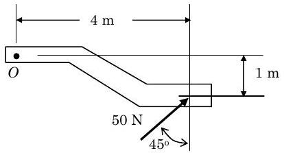 Un objeto está compuesto por dos barras horizontales con el extremo derecho de la barra superior conectado al extremo izquierdo de la barra inferior. El punto O es el punto más a la izquierda del conjunto. Una fuerza de 50 N dirigida hacia arriba y hacia la derecha a 45 grados de la vertical se aplica a un punto 4 metros a la derecha y 1 metro por debajo de O.