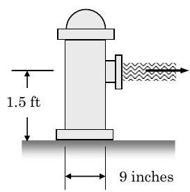 Side view of a fire hydrant, 9 inches wide. Water exits the nozzle on the right side of the hydrant, 1.5 feet above the ground, moving horizontally.